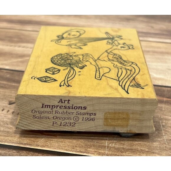 1996 ART IMPRESSIONS P-1232 STORK AND BABY WOOD MOUNTED RUBBER STAMP DELIVERY - Picture 4 of 4